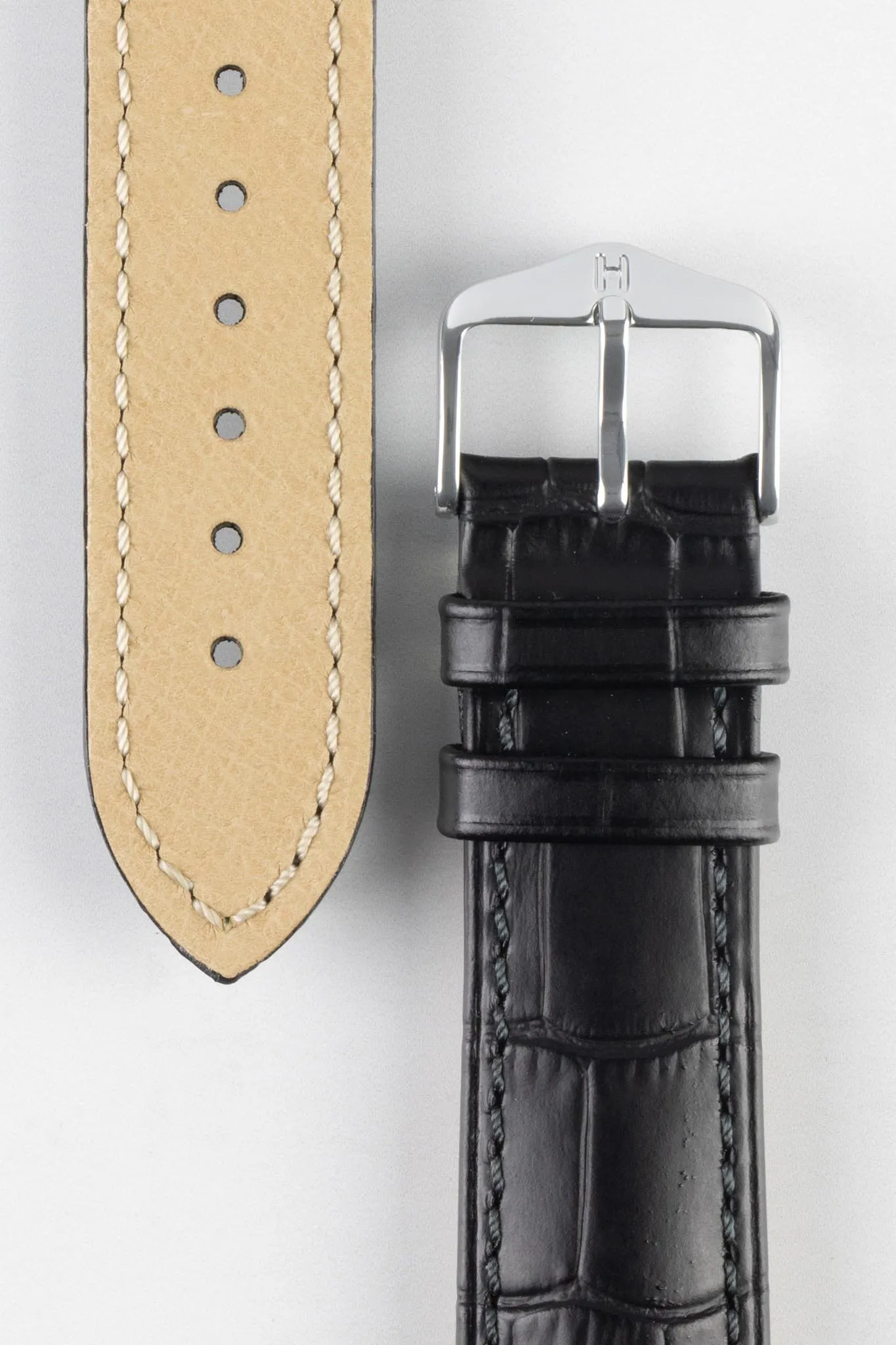 Hirsch DUKE Open Ended Alligator Embossed Leather Watch Strap in BLACK