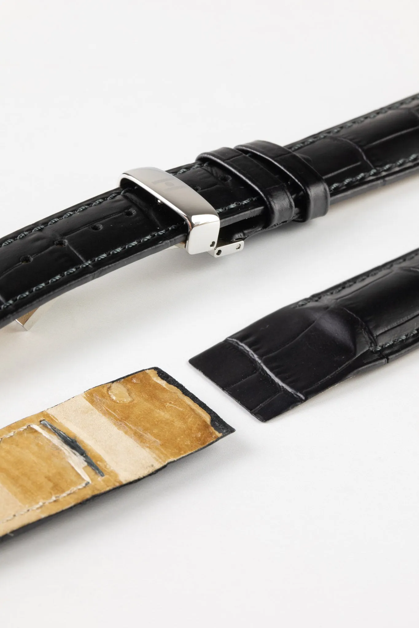 Hirsch DUKE Open Ended Alligator Embossed Leather Watch Strap in BLACK