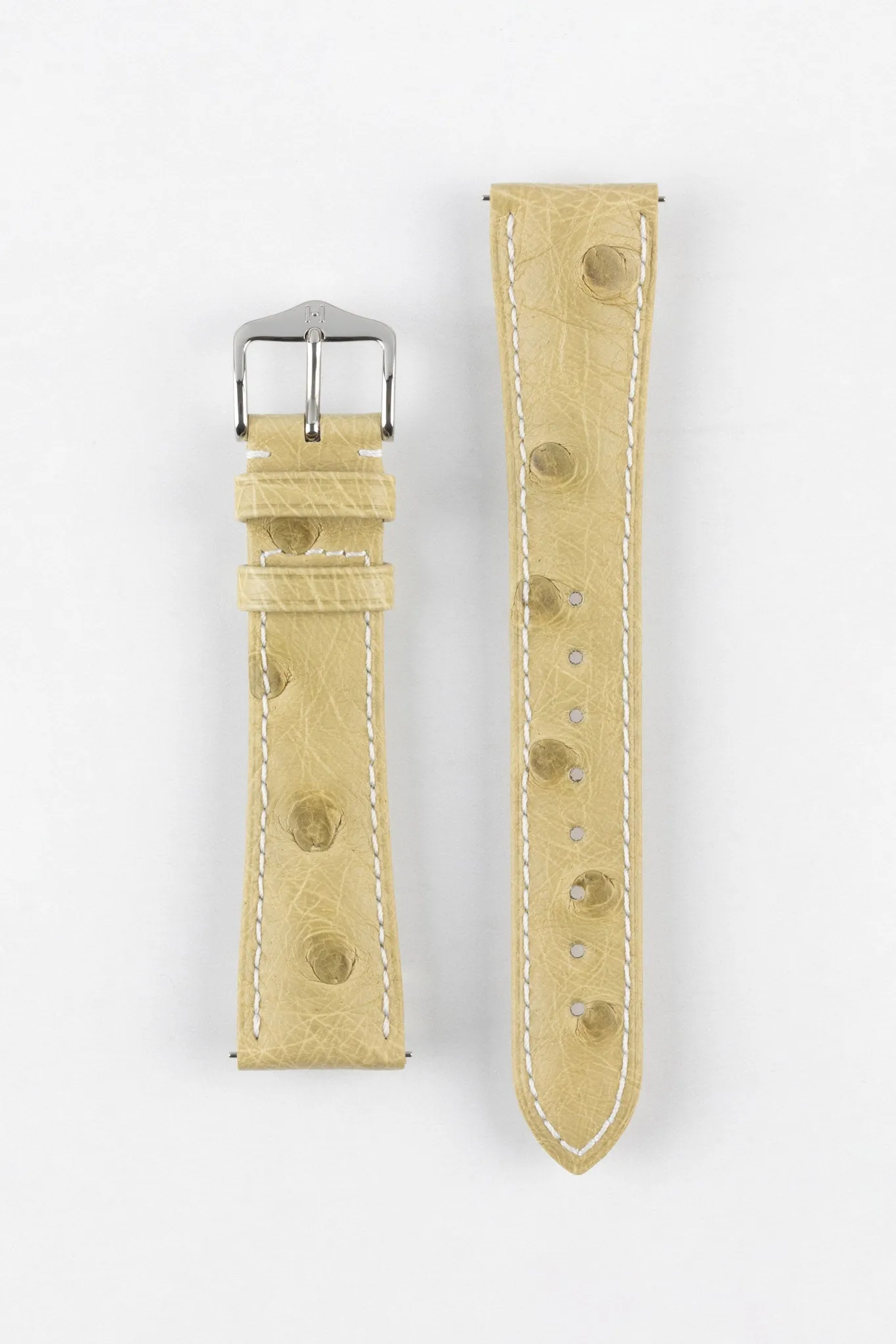 Hirsch MASSAI OSTRICH Leather Watch Strap in BEIGE With WHITE Stitching