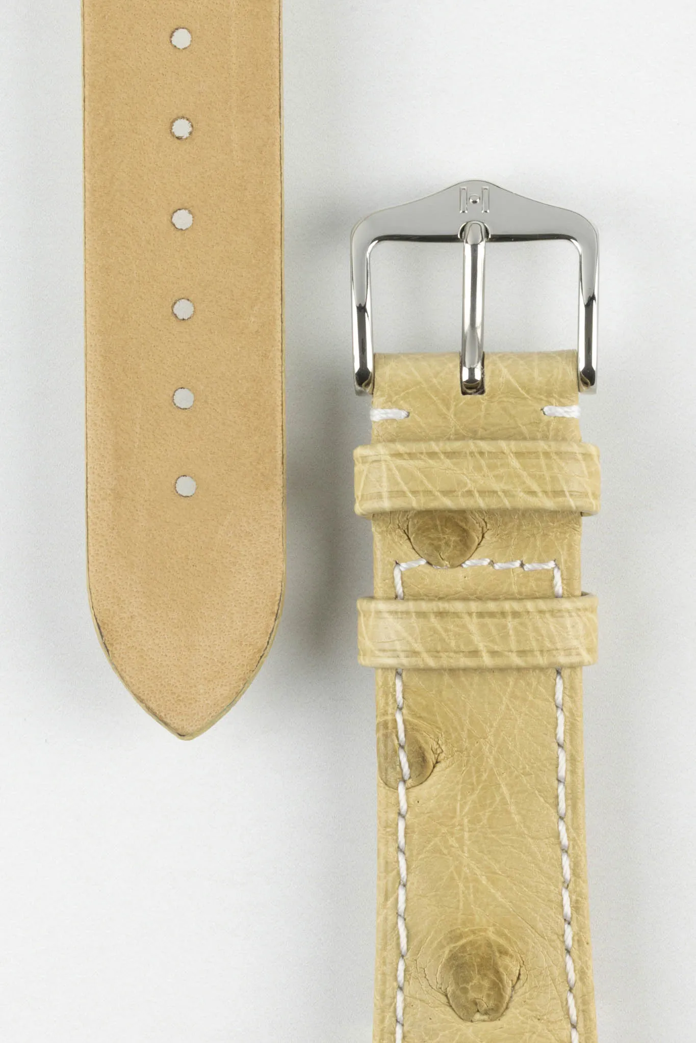 Hirsch MASSAI OSTRICH Leather Watch Strap in BEIGE With WHITE Stitching