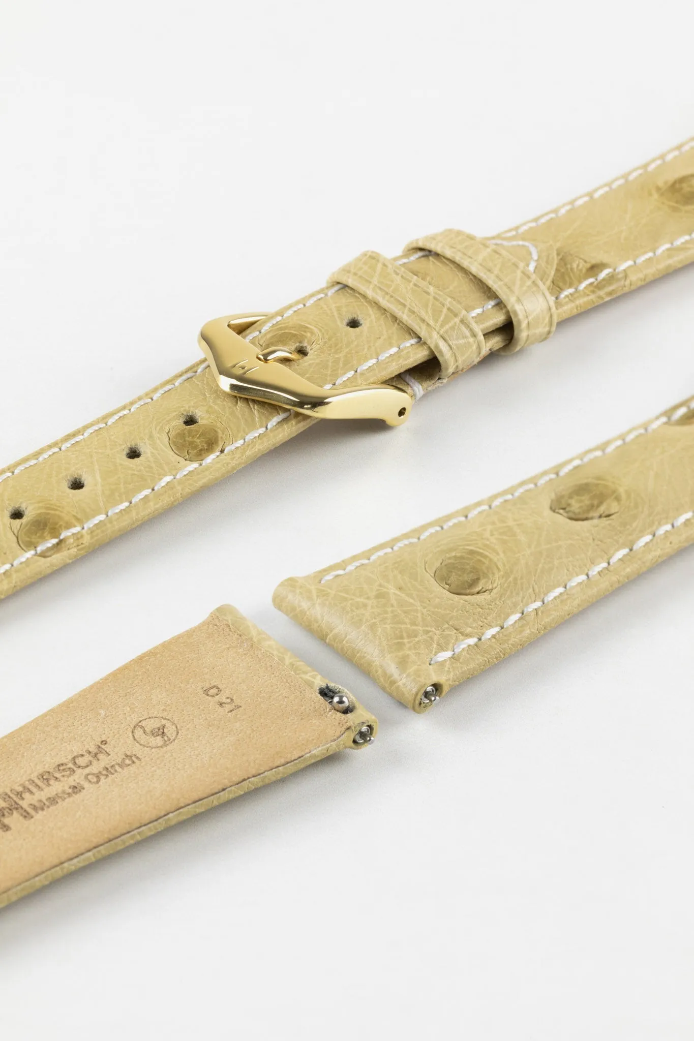 Hirsch MASSAI OSTRICH Leather Watch Strap in BEIGE With WHITE Stitching