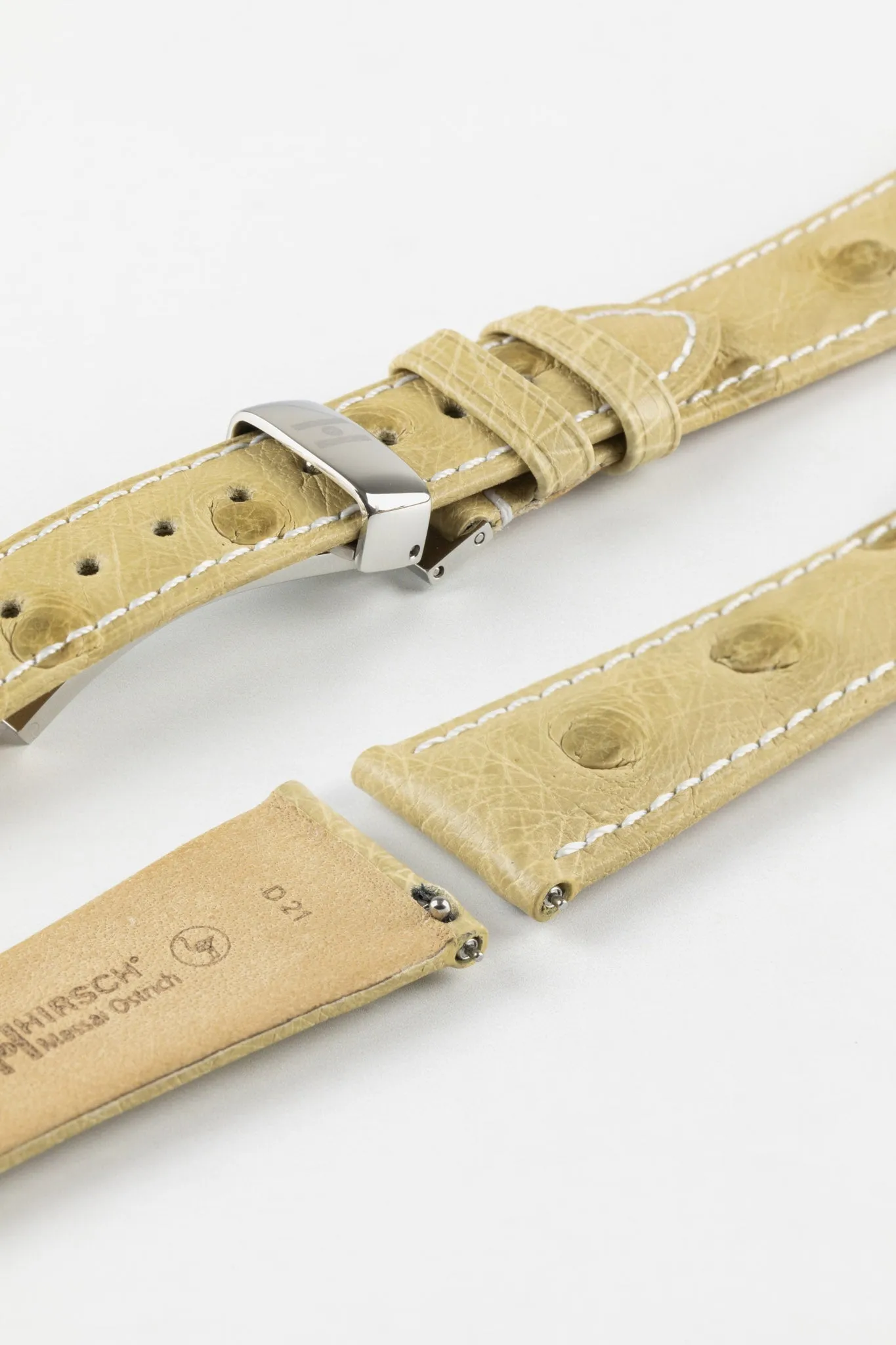 Hirsch MASSAI OSTRICH Leather Watch Strap in BEIGE With WHITE Stitching