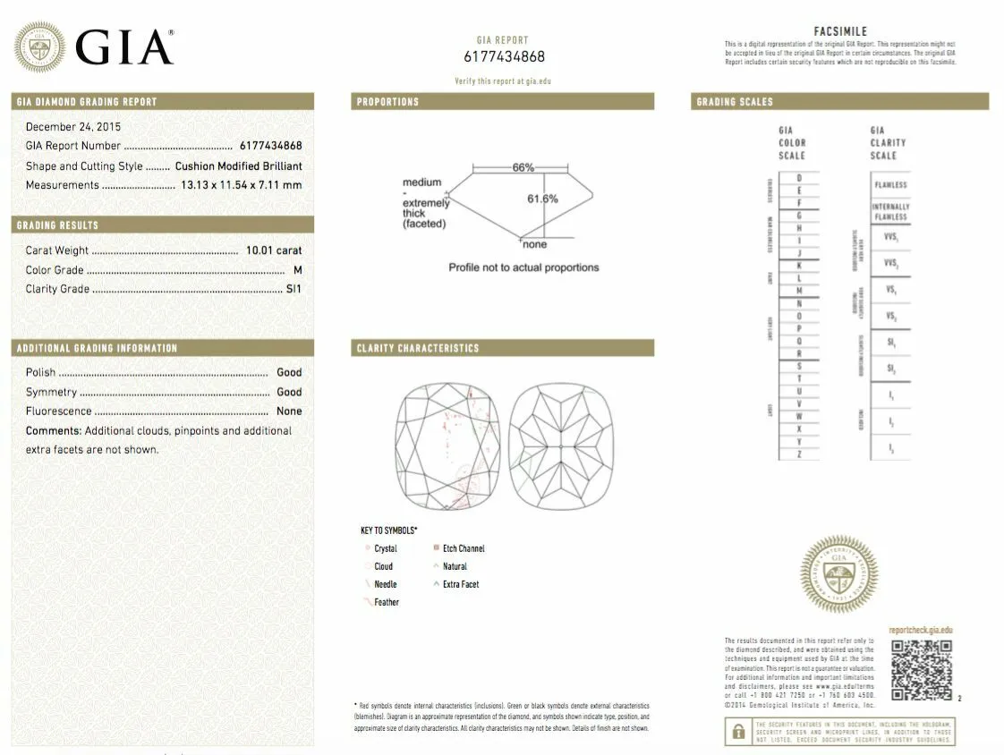HUGE 10 CT Natural Loose Diamond M Color SI1 Clarity GIA Certified Cushion Cut