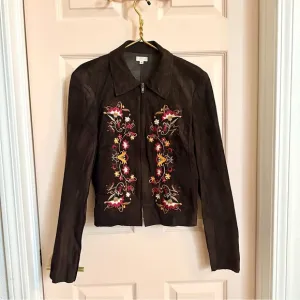 Illia Brown Leather Jacket with Floral Embroidery