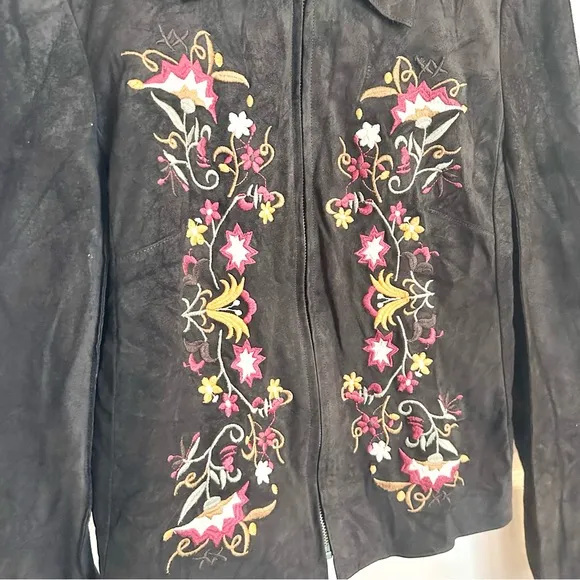 Illia Brown Leather Jacket with Floral Embroidery