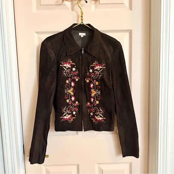 Illia Brown Leather Jacket with Floral Embroidery