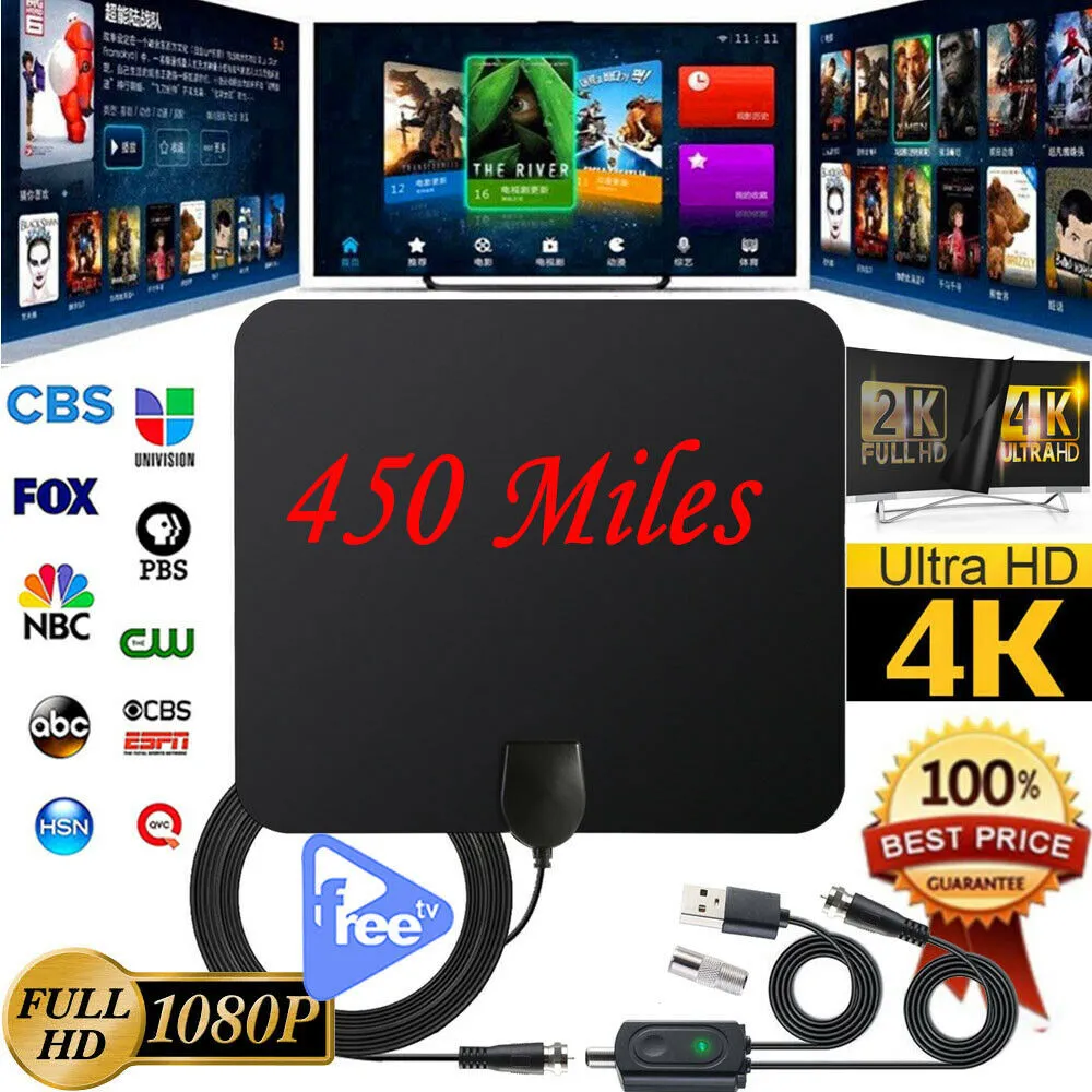 Indoor TV Antenna  Digital Aerial HD Freeview Amplified Thin HDTV 450 Mile Range black
