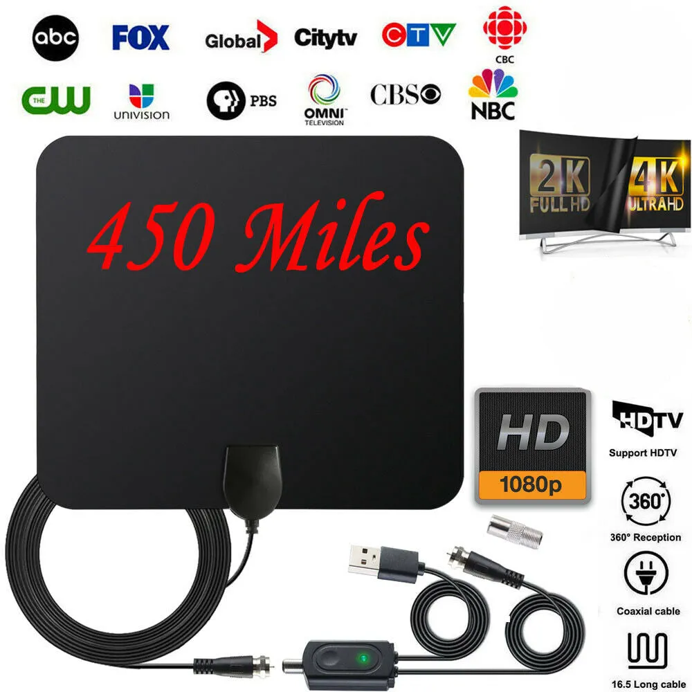 Indoor TV Antenna  Digital Aerial HD Freeview Amplified Thin HDTV 450 Mile Range black