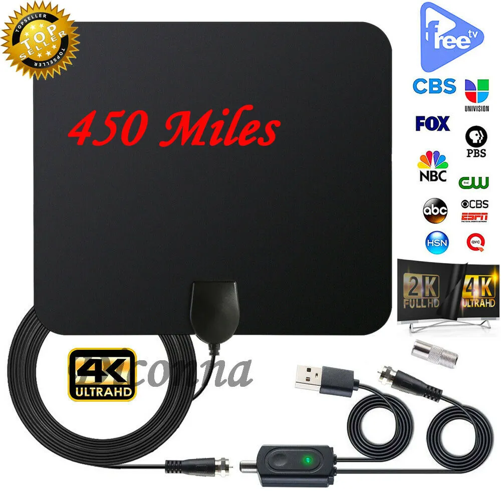 Indoor TV Antenna  Digital Aerial HD Freeview Amplified Thin HDTV 450 Mile Range black