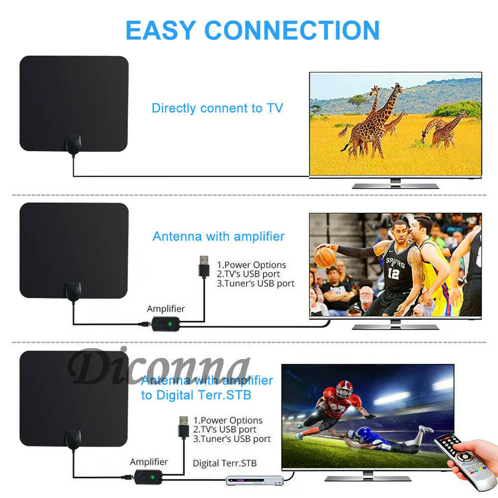 Indoor TV Antenna  Digital Aerial HD Freeview Amplified Thin HDTV 450 Mile Range black