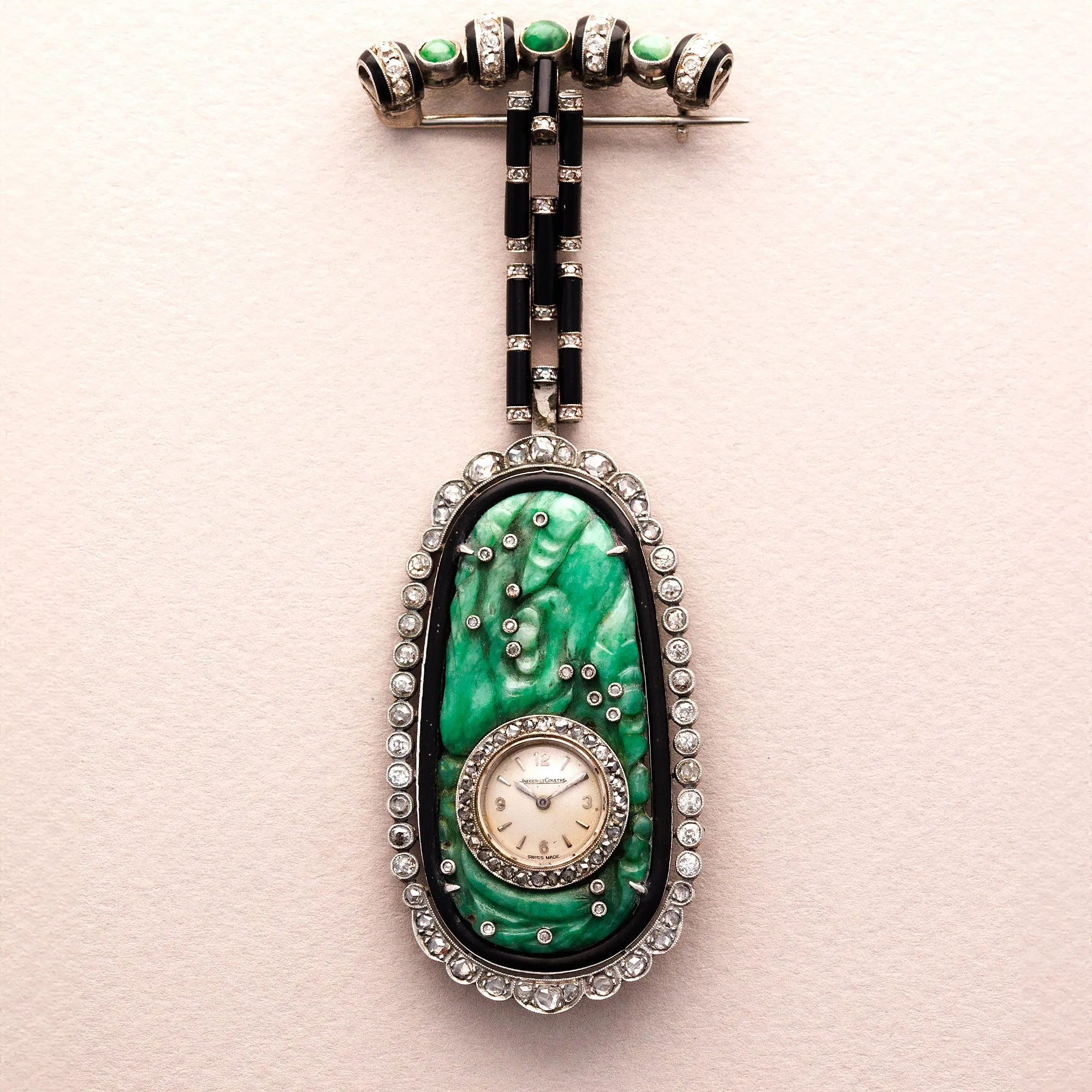 Jaeger Lecoultre Jade Diamond Onyx Pendant Watch, Art Deco (Objet)