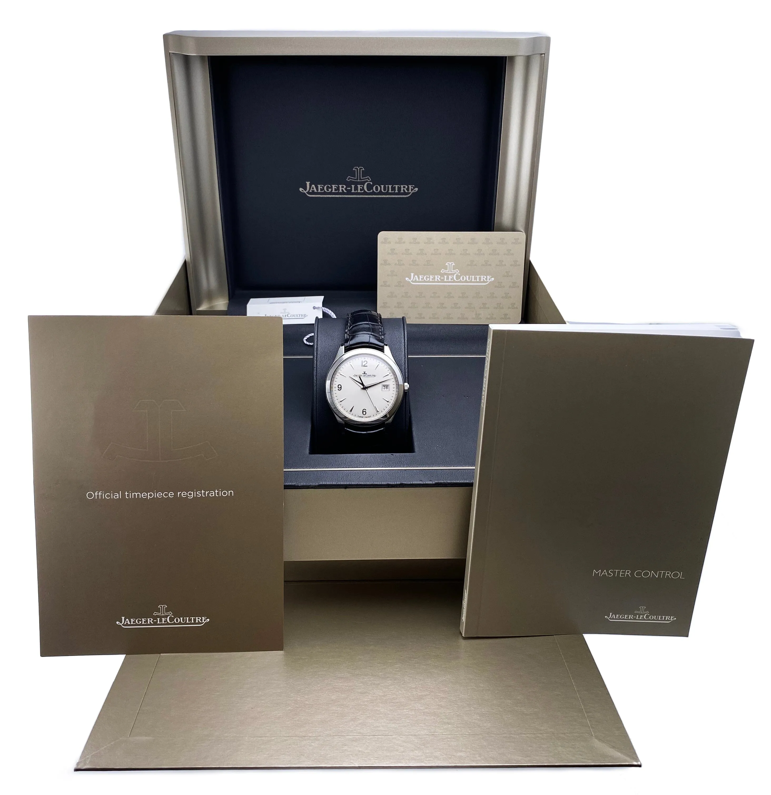 Jaeger Lecoultre Master Control Q1548420 Silver Dial Mens Watch Box Papers