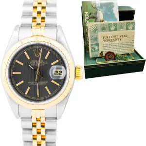 Ladies Rolex DateJust 26mm 18K Gold Two-Tone Black TAPESTRY Jubilee Watch 69173