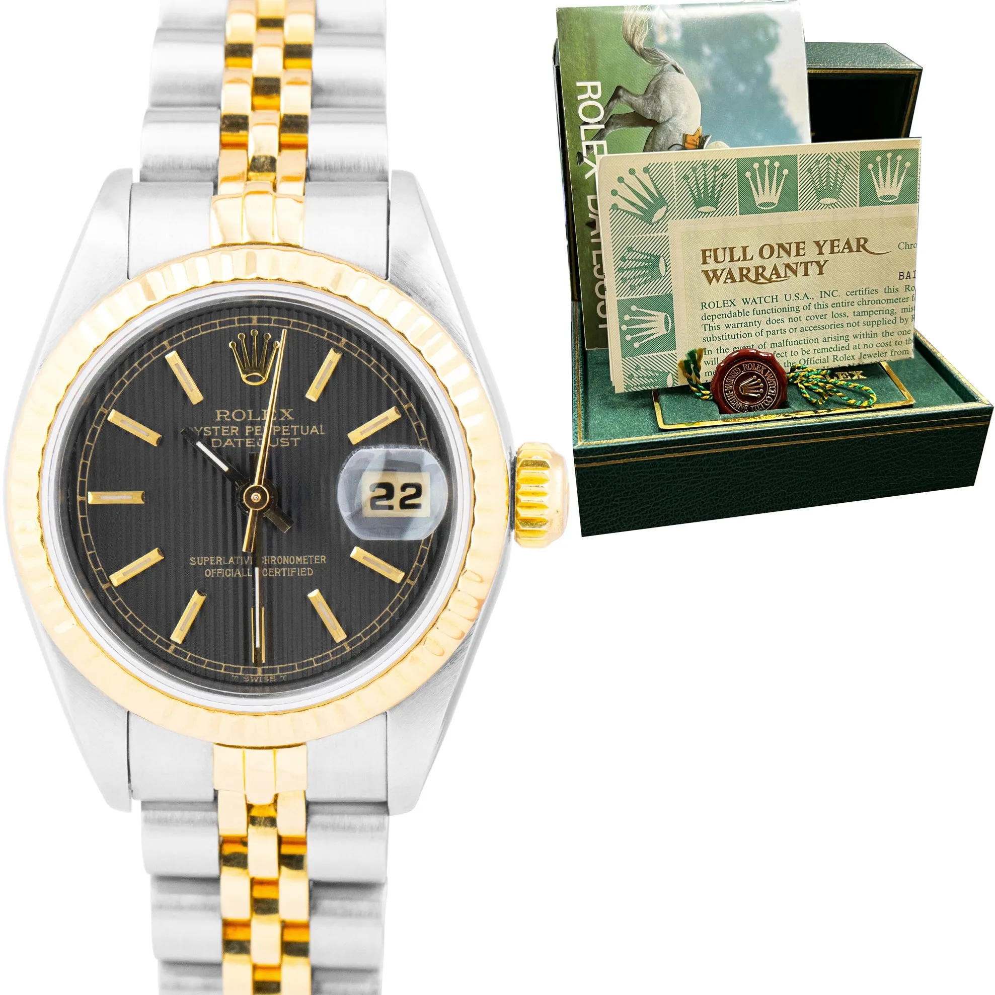 Ladies Rolex DateJust 26mm 18K Gold Two-Tone Black TAPESTRY Jubilee Watch 69173