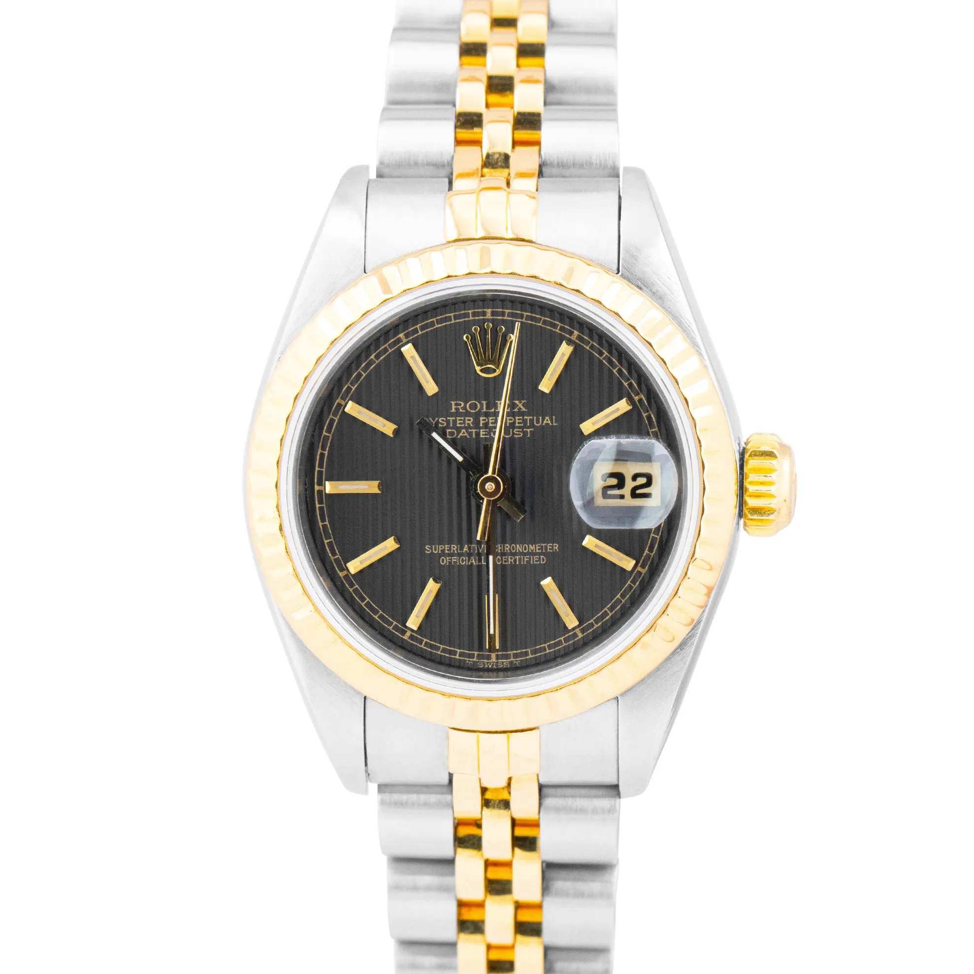 Ladies Rolex DateJust 26mm 18K Gold Two-Tone Black TAPESTRY Jubilee Watch 69173