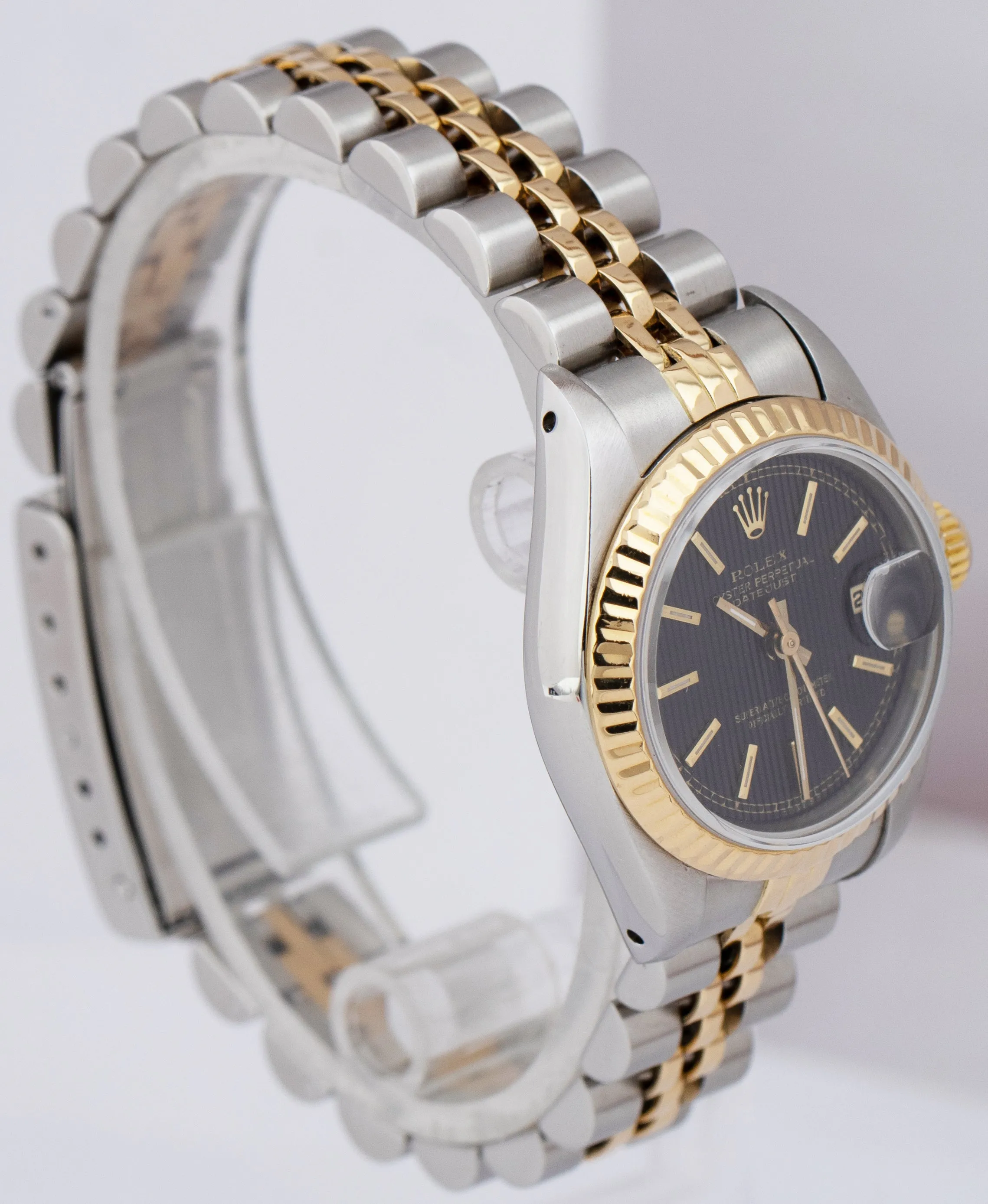 Ladies Rolex DateJust 26mm 18K Gold Two-Tone Black TAPESTRY Jubilee Watch 69173