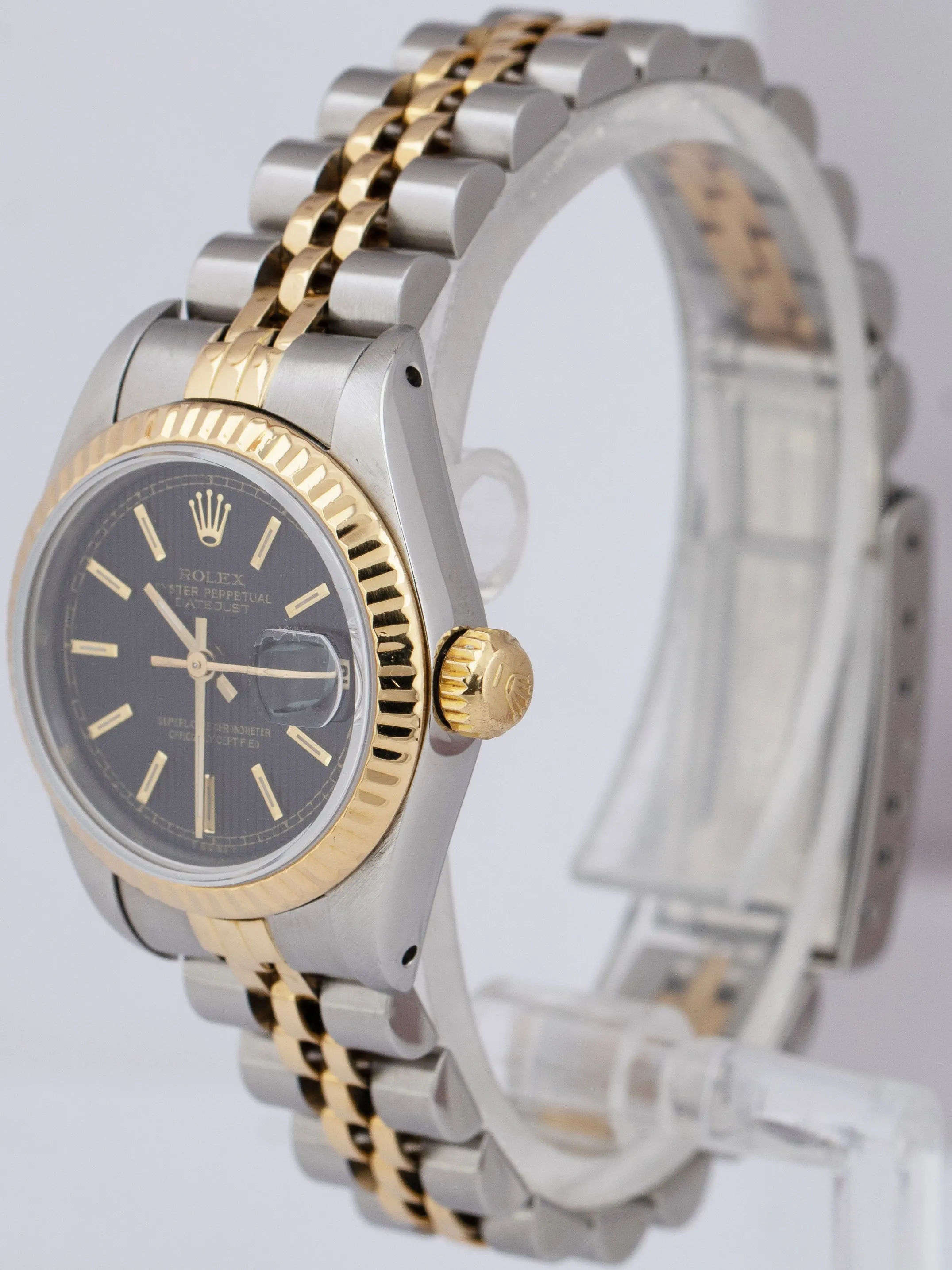 Ladies Rolex DateJust 26mm 18K Gold Two-Tone Black TAPESTRY Jubilee Watch 69173