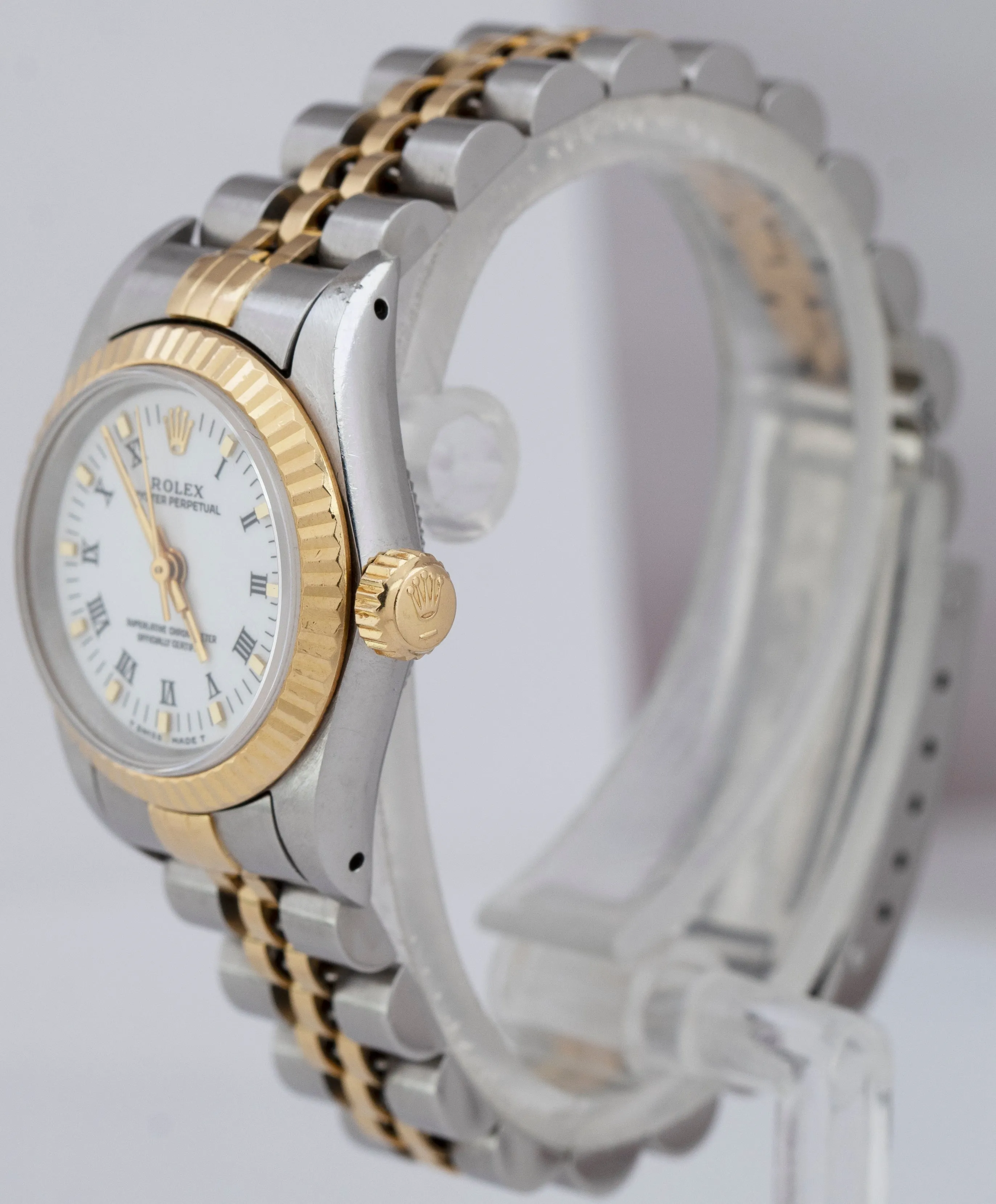 Ladies Rolex Oyster Perpetual 24mm Two-Tone Gold Steel White Roman Watch 67193
