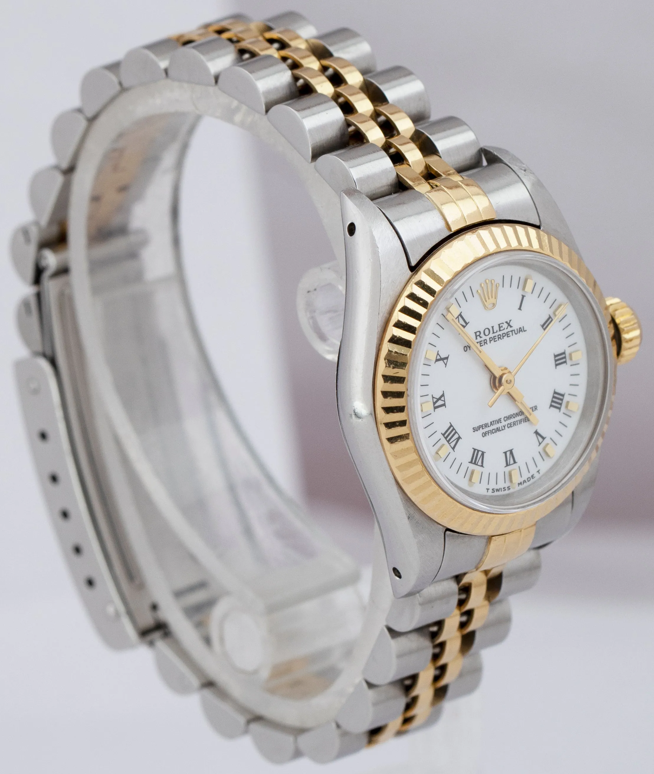 Ladies Rolex Oyster Perpetual 24mm Two-Tone Gold Steel White Roman Watch 67193