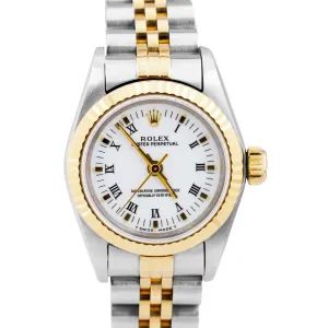 Ladies Rolex Oyster Perpetual 24mm Two-Tone Gold Steel White Roman Watch 67193