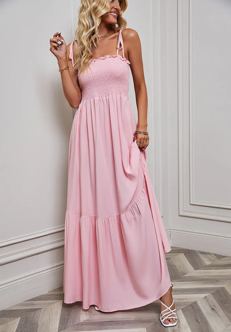 Ladies Spaghetti Strap Solid Colour Ruffle Maxi Dress