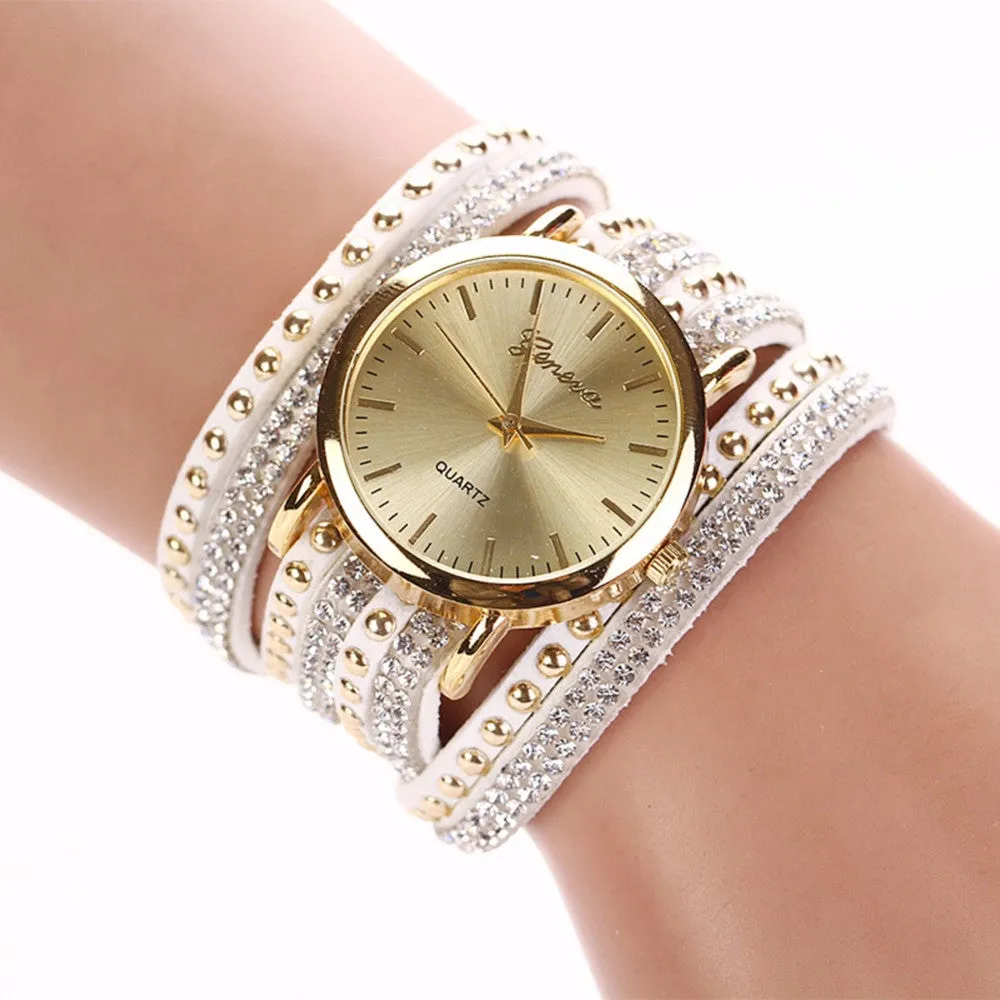 Leather Korean Crystal Rivet Bracelet Watch