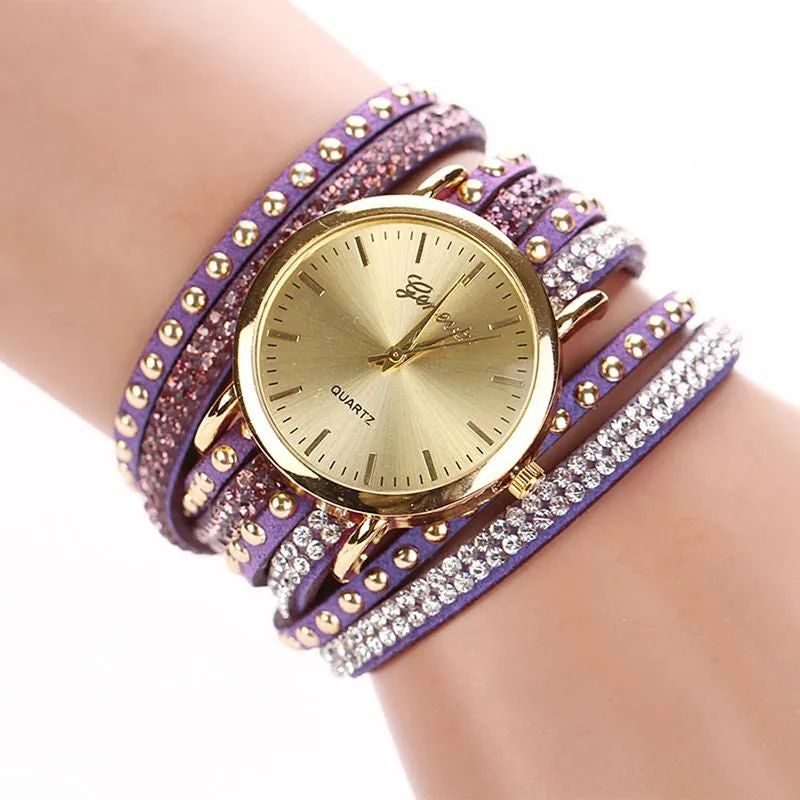 Leather Korean Crystal Rivet Bracelet Watch