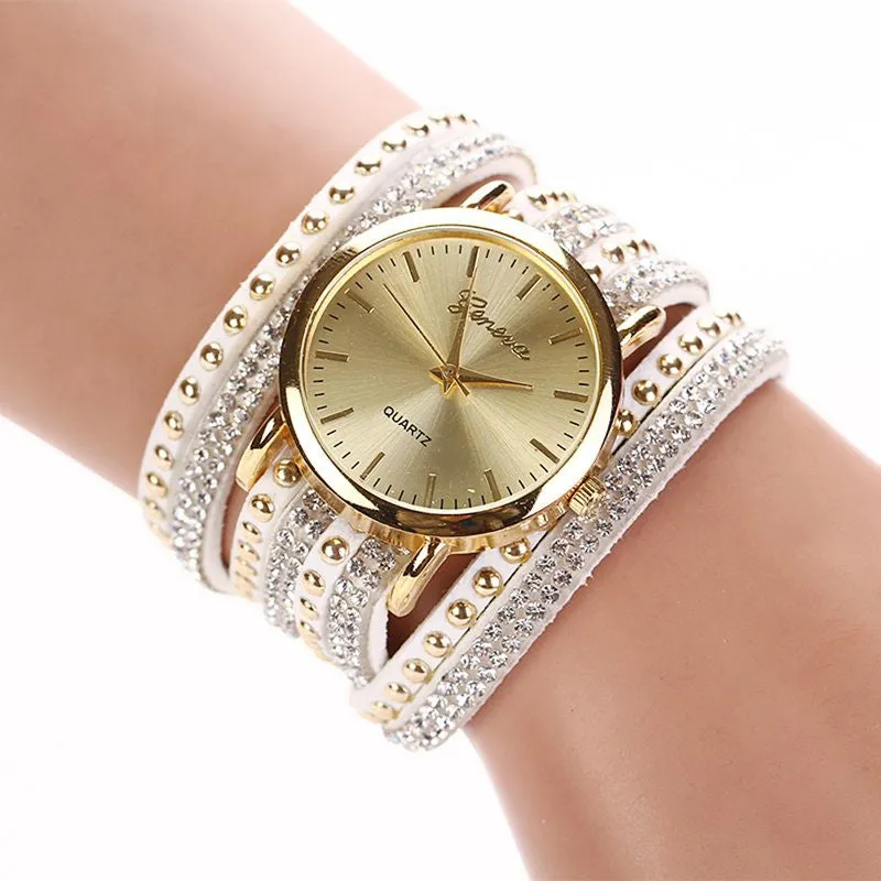 Leather Korean Crystal Rivet Bracelet Watch
