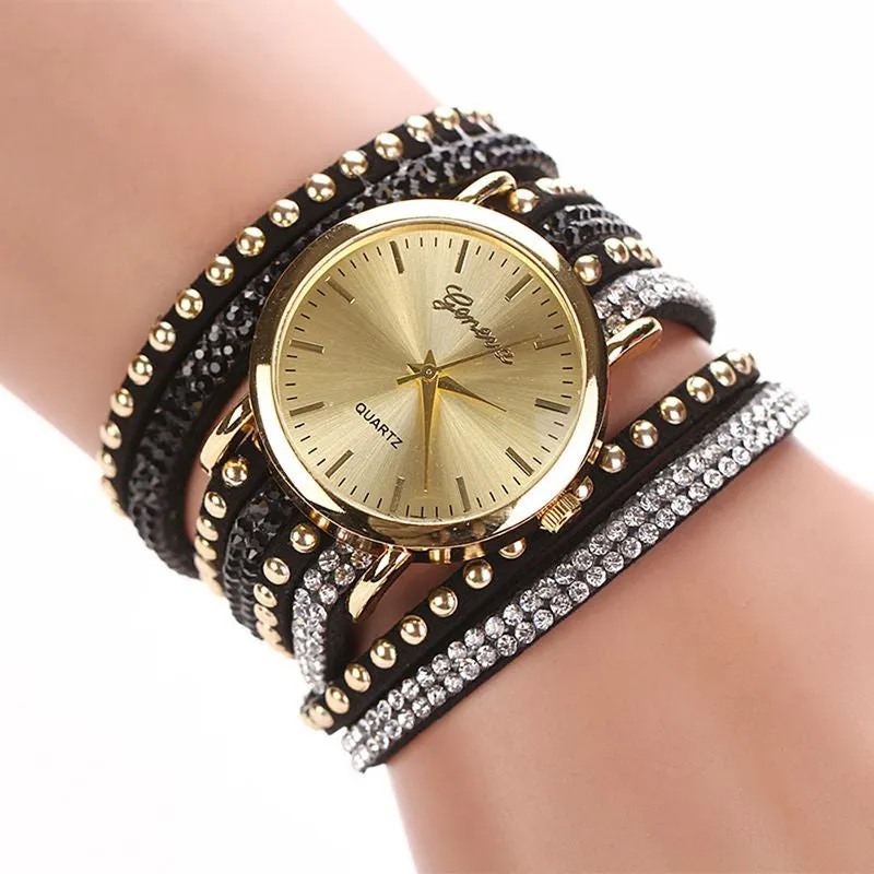 Leather Korean Crystal Rivet Bracelet Watch