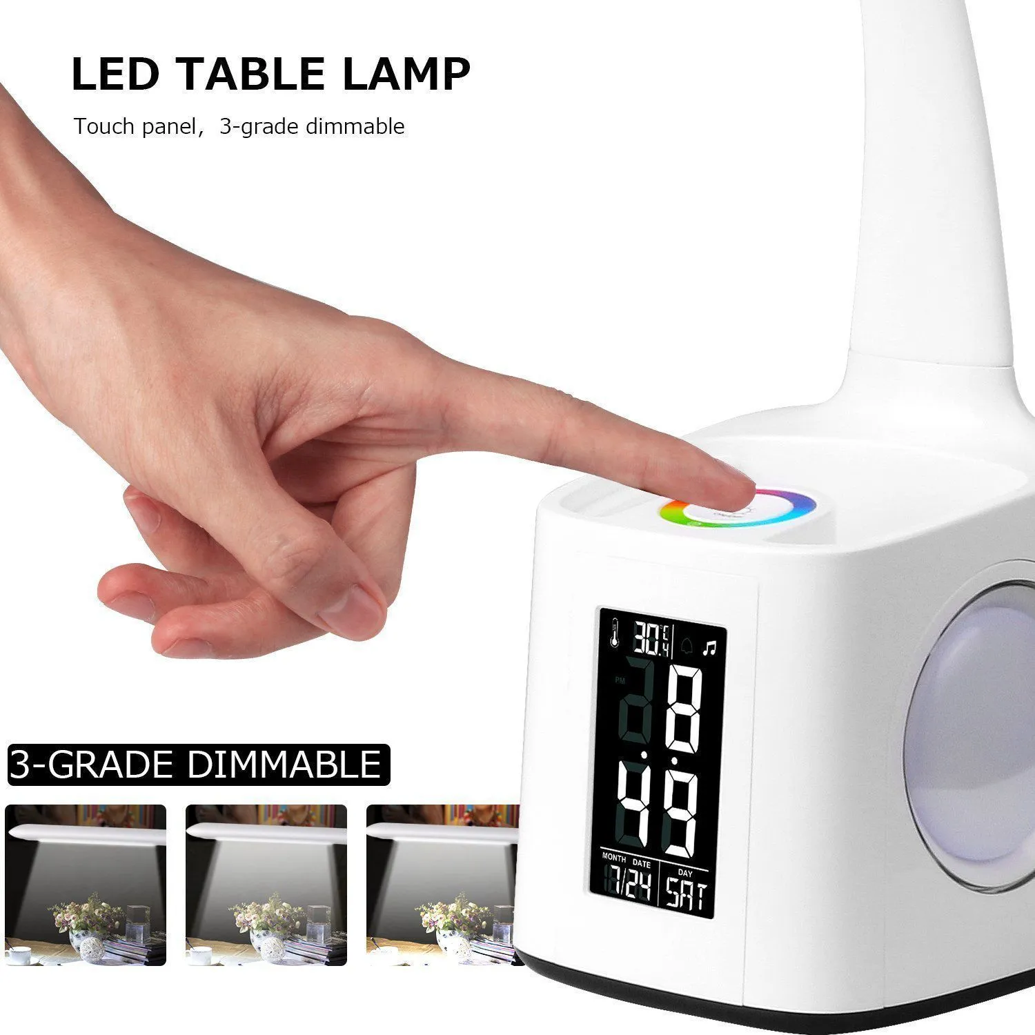 LED Desk Lamp with USB Charging Port, Digital Clock, Calendar, Dim-able Night Light and Pen Holder
