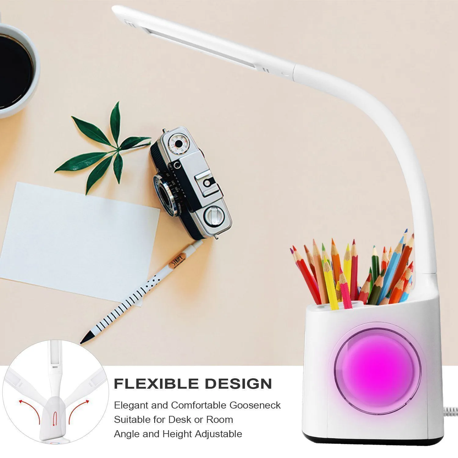 LED Desk Lamp with USB Charging Port, Digital Clock, Calendar, Dim-able Night Light and Pen Holder