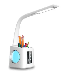 LED Desk Lamp with USB Charging Port, Digital Clock, Calendar, Dim-able Night Light and Pen Holder
