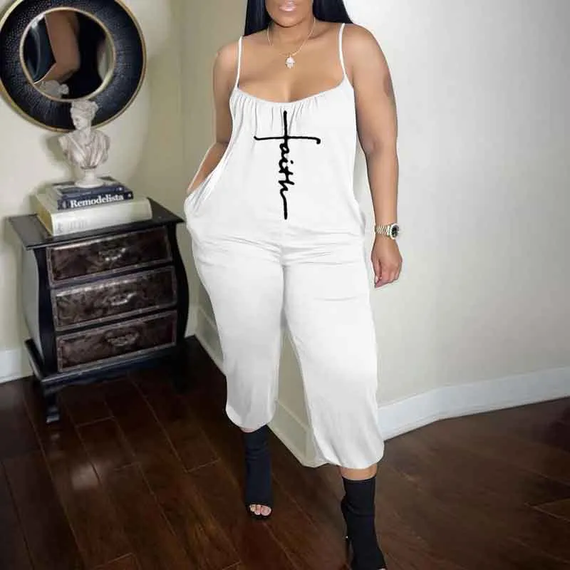 Letter Print Sleeveless Spaghetti Strap Jumpsuit