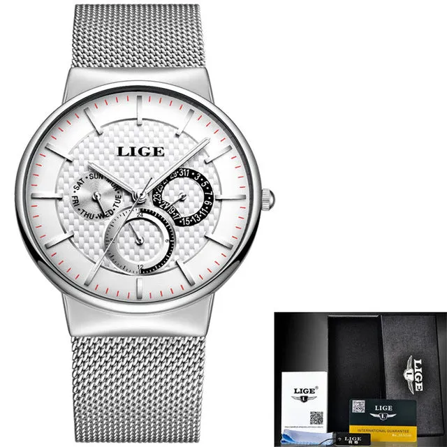 LIGE Fashion  Luxury Quartz Watch Men Casual Slim Mesh Steel