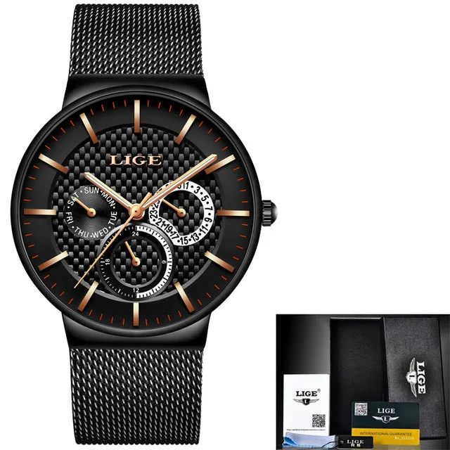 LIGE Fashion  Luxury Quartz Watch Men Casual Slim Mesh Steel