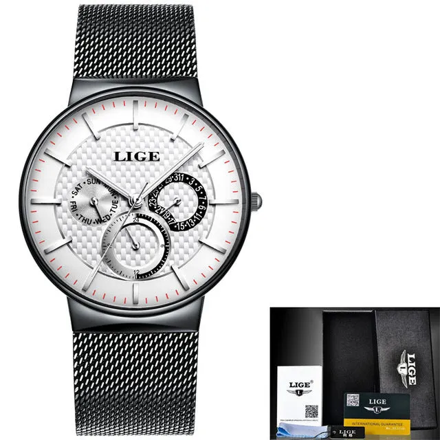 LIGE Fashion  Luxury Quartz Watch Men Casual Slim Mesh Steel