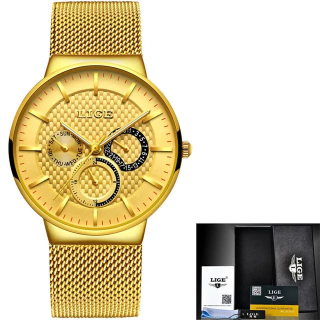 LIGE Fashion  Luxury Quartz Watch Men Casual Slim Mesh Steel
