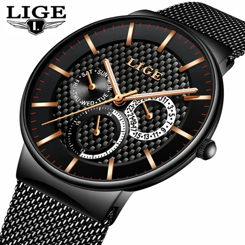 LIGE Fashion  Luxury Quartz Watch Men Casual Slim Mesh Steel