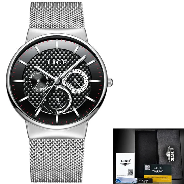 LIGE Fashion  Luxury Quartz Watch Men Casual Slim Mesh Steel