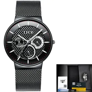 LIGE Fashion  Luxury Quartz Watch Men Casual Slim Mesh Steel