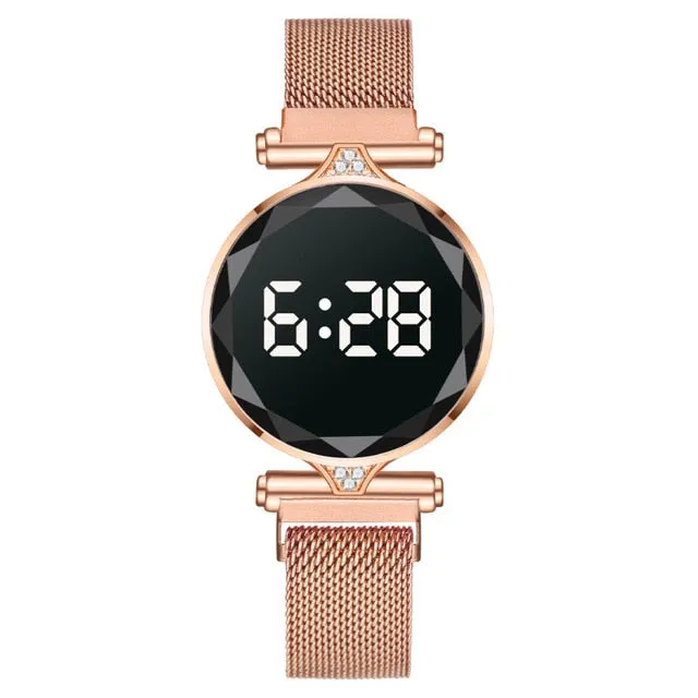 Luxury Digital Magnet Women Watches Rose Gold Stainless Steel  Watch