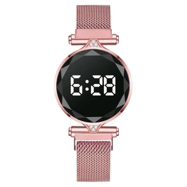 Luxury Digital Magnet Women Watches Rose Gold Stainless Steel  Watch