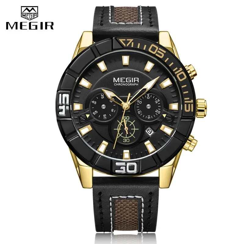 MEGIR Fashion Chronograph Mens Watch Quartz Sport Watches Men Leather Analog Business Clock Army Wristwatch Relogios Masculino