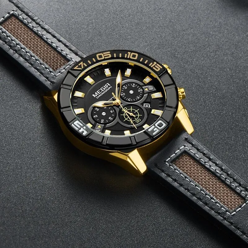 MEGIR Fashion Chronograph Mens Watch Quartz Sport Watches Men Leather Analog Business Clock Army Wristwatch Relogios Masculino