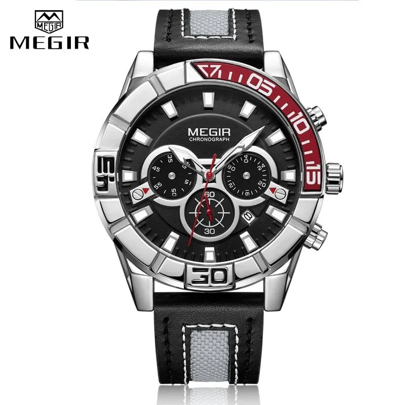 MEGIR Fashion Chronograph Mens Watch Quartz Sport Watches Men Leather Analog Business Clock Army Wristwatch Relogios Masculino