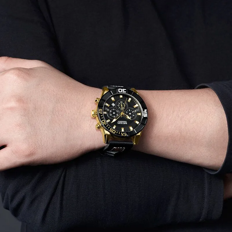 MEGIR Fashion Chronograph Mens Watch Quartz Sport Watches Men Leather Analog Business Clock Army Wristwatch Relogios Masculino