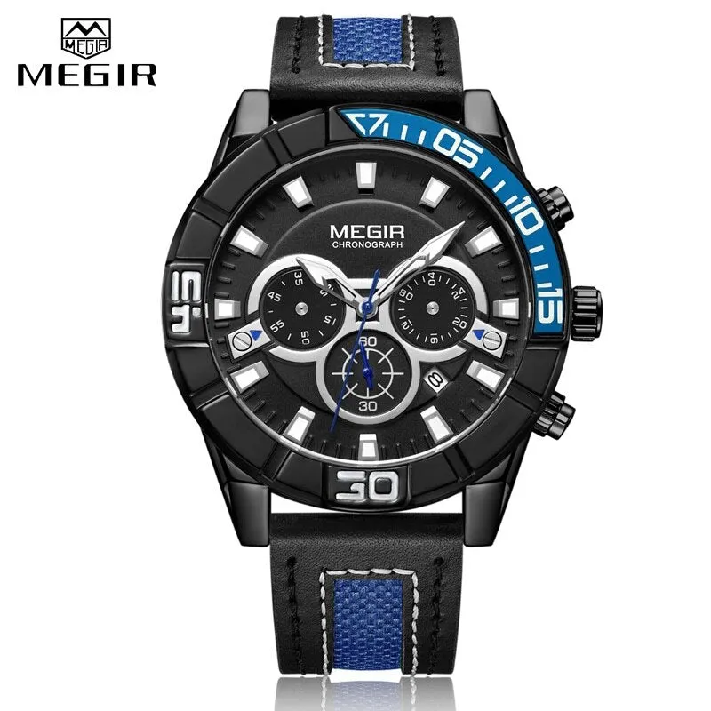 MEGIR Fashion Chronograph Mens Watch Quartz Sport Watches Men Leather Analog Business Clock Army Wristwatch Relogios Masculino