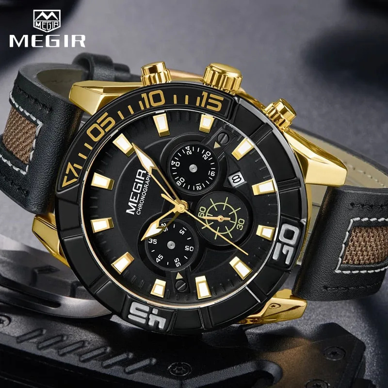 MEGIR Fashion Chronograph Mens Watch Quartz Sport Watches Men Leather Analog Business Clock Army Wristwatch Relogios Masculino