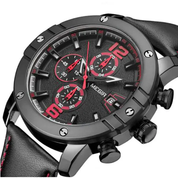 MEGIR Military Watch with Leather Strap