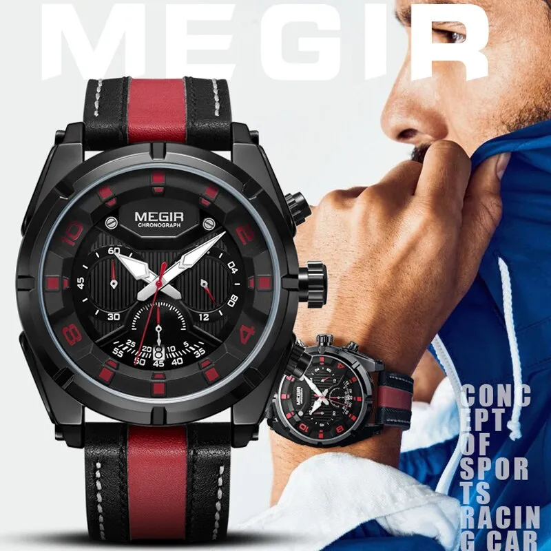 MEGIR Watch Men Top Brand Luxury Leather Military Sport Chronograph Quartz Mens Watches Big Dial Waterproof Relogio Masculino